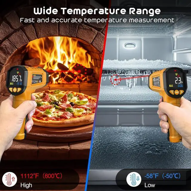 Alt view image 7 of 7 - Infrared Thermometer Gun,SQECH Laser Thermometer Gun -58~1112(-50~600),Non-Contact Temperature Gun with Adjustable Emissivity&Color Backlight for Cooking, Pizza Oven,BBQ,Fridge,Engine,HVAC(Yellow)