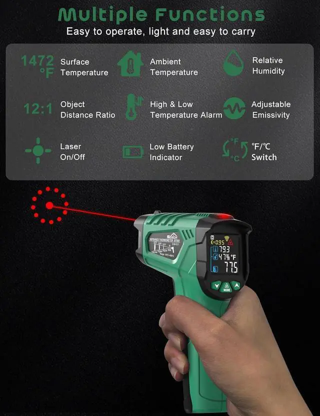 Alt view image 2 of 7 - Infrared Thermometer Gun,SQECH Laser Thermometer Gun -58~1472(-50~800),Temperature Gun with Ambient Temperature/Humidity/Adjustable Emissivity/Color Backlight for Cooking, Oven,Engine,HVAC