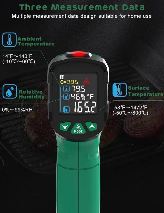 Alt view image 5 of 7 - Infrared Thermometer Gun,SQECH Laser Thermometer Gun -58~1472(-50~800),Temperature Gun with Ambient Temperature/Humidity/Adjustable Emissivity/Color Backlight for Cooking, Oven,Engine,HVAC