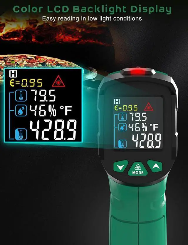 Alt view image 4 of 7 - Infrared Thermometer Gun,SQECH Laser Thermometer Gun -58~1472(-50~800),Temperature Gun with Ambient Temperature/Humidity/Adjustable Emissivity/Color Backlight for Cooking, Oven,Engine,HVAC