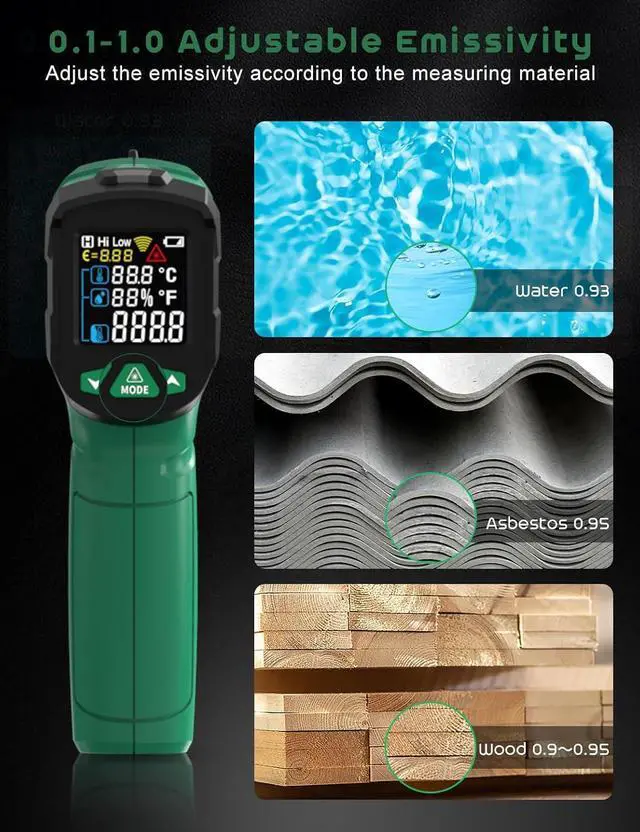 Alt view image 6 of 7 - Infrared Thermometer Gun,SQECH Laser Thermometer Gun -58~1472(-50~800),Temperature Gun with Ambient Temperature/Humidity/Adjustable Emissivity/Color Backlight for Cooking, Oven,Engine,HVAC