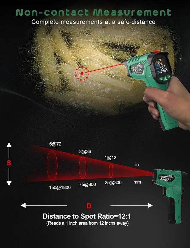 Alt view image 7 of 7 - Infrared Thermometer Gun,SQECH Laser Thermometer Gun -58~1472(-50~800),Temperature Gun with Ambient Temperature/Humidity/Adjustable Emissivity/Color Backlight for Cooking, Oven,Engine,HVAC