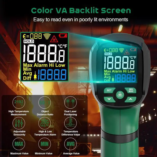 Alt view image 3 of 7 - Infrared Thermometer Gun,SQECH Laser Thermometer Gun -40~2192(-40~1200),50:1 Non-Contact High Temp Thermometer with Thermocouple Probe,Color Backlight,Adjustable Emissivity,for Industry&Home