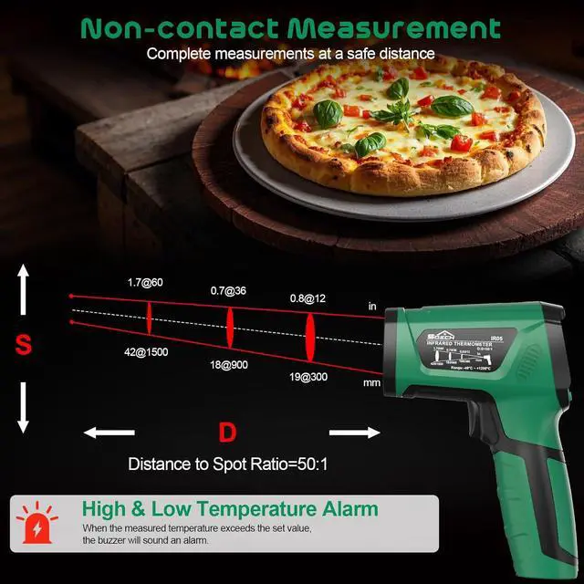 Alt view image 6 of 7 - Infrared Thermometer Gun,SQECH Laser Thermometer Gun -40~2192(-40~1200),50:1 Non-Contact High Temp Thermometer with Thermocouple Probe,Color Backlight,Adjustable Emissivity,for Industry&Home