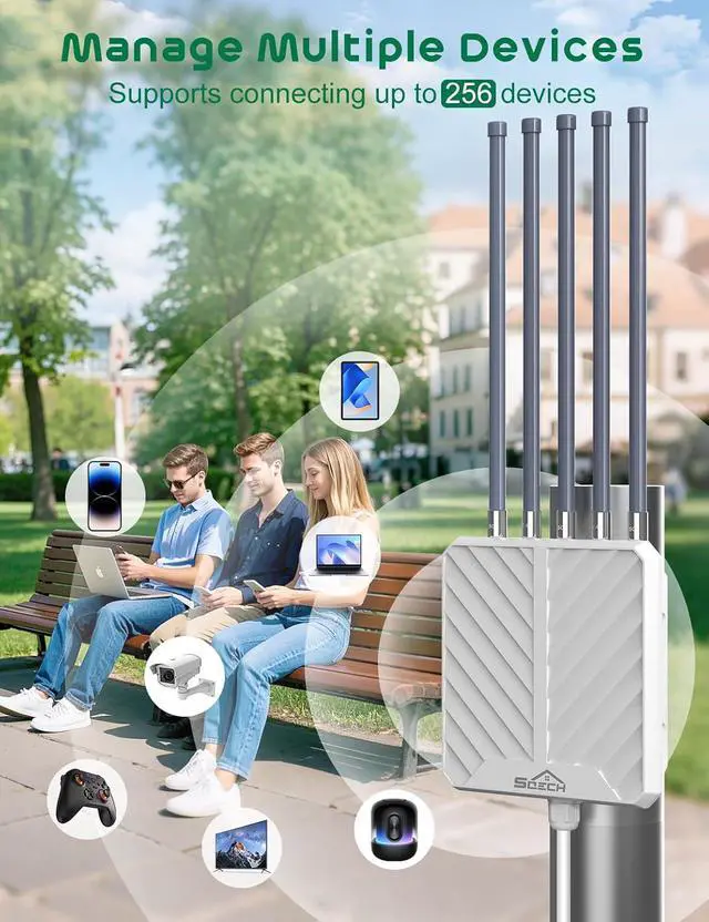 Alt view image 4 of 7 - Outdoor WiFi Extender,SQECH AX3000 Dual-Band Wireless Access Point,Long Range Outdoor WiFi Extender with 5x8dBi Antennas/48V PoE Adapter/IP67 Waterproof,Up to 256 Devices for Farm,Yard,Campsite