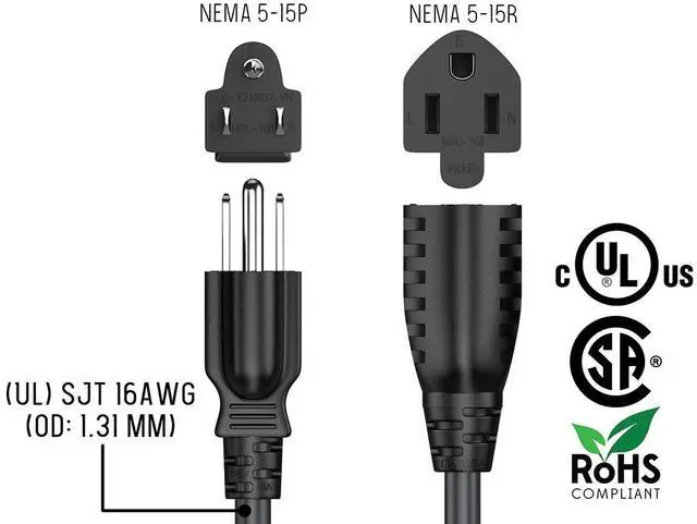 Alt view image 7 of 7 - Cable Leader 8ft NEMA 5-15P to 5-15R Heavy Duty Power Extension Cord 16AWG, Black
