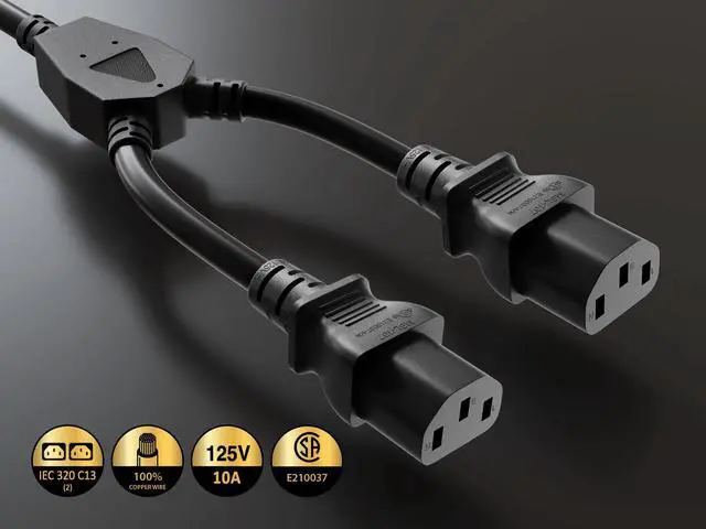 Alt view image 3 of 4 - CableLeader 10ft 18 AWG Universal Power Cord Splitter NEMA 5-15P to IEC320 C13 x 2 - Splitter Cord, Y Power Cable, Extension Power Cord, Compatible with Computers, Monitors, Printers & TVs, Black