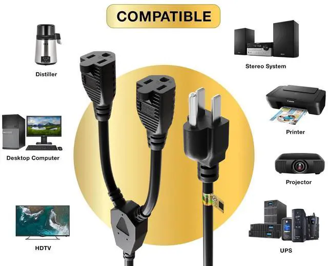 Alt view image 8 of 11 - Cable Leader Power Cord Splitter Cable for 2 NEMA 5-15R to 1 NEMA 5-15P (72 inches / 16 AWG)