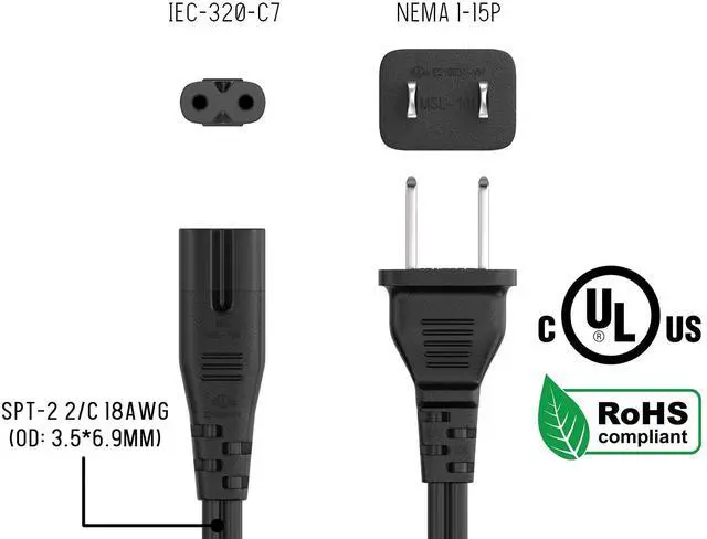 Alt view image 6 of 8 - cable leader 18 awg notebook power cord, non-polarized (iec320 c7 to nema 1-15p) ul listed (3 foot (1 pack))
