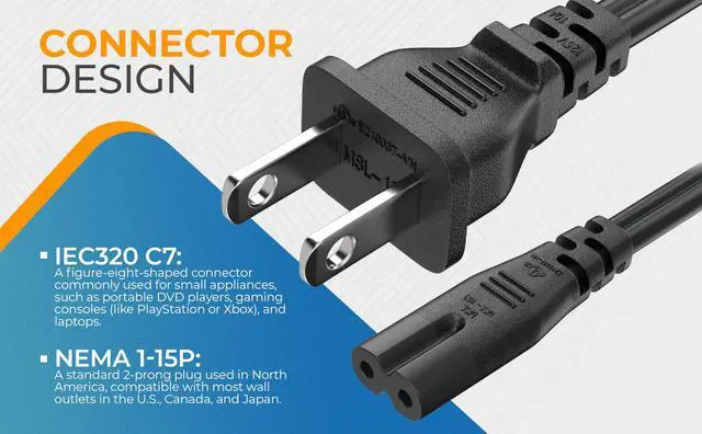 Alt view image 8 of 8 - cable leader 18 awg notebook power cord, non-polarized (iec320 c7 to nema 1-15p) ul listed (3 foot (1 pack))