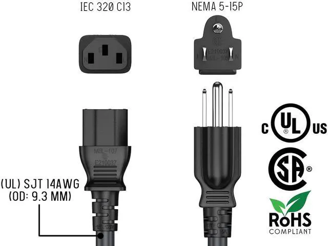 Alt view image 6 of 7 - CableLeader 10ft 14 AWG Universal Power Cord IEC320 C13 to NEMA 5-15P, Extension Power Cord, Compatible with Computers, Monitors, Printers & TVs, Black, Pack of 1