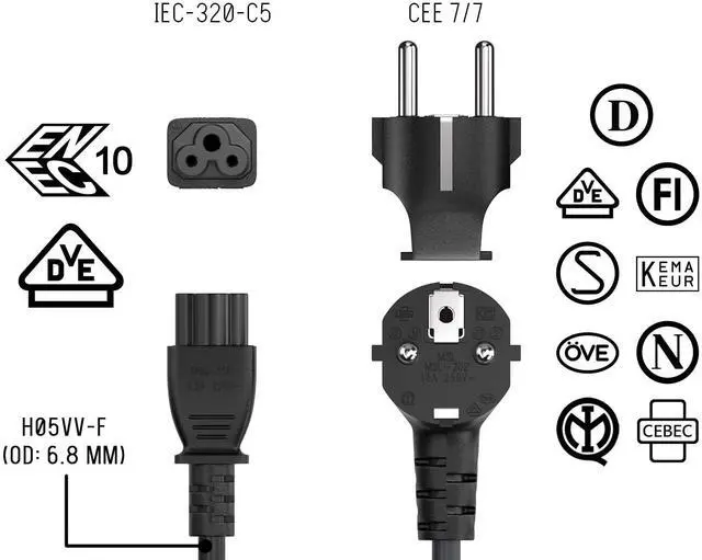Alt view image 7 of 8 - cable leader 6ft 18 awg right angle european 3-prong notebook power cord cee 7/7 to iec320 c5