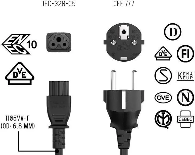 Alt view image 7 of 8 - cable leader 6ft european 3prong notebook power cord cee 7/7 to iec320 c5