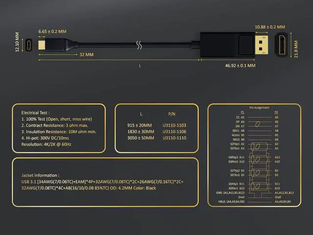 Alt view image 5 of 6 - Cable Leader USB 3.1 Type C Male to DisplayPort 4K @ 60Hz Male Cable, Black 10 Foot