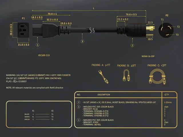 Alt view image 6 of 6 - CableLeader 6ft NEMA L6-20P to C15 Heavy-Duty Locking Power Cord 14 AWG 15A/250V SJT High Voltage Extension Cord, Twist-Locking Cord, UL Listed, Black