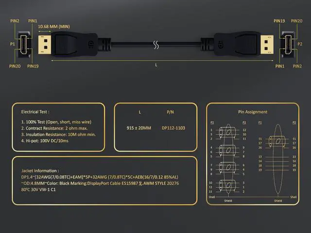 Alt view image 4 of 4 - Cable Leader Gold Plated Premium 3ft DisplayPort Cable with Latches, Supports resolutions up to 32.4Gbps High-Speed, 8K@60Hz, 4K@120Hz, Dynamic HDR, Version 1.4 VESA Certified