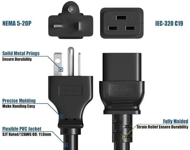 Alt view image 5 of 8 - cable leader 12 awg 20a 125v power cord nema 5-20p to iec 320 c19 (3ft)