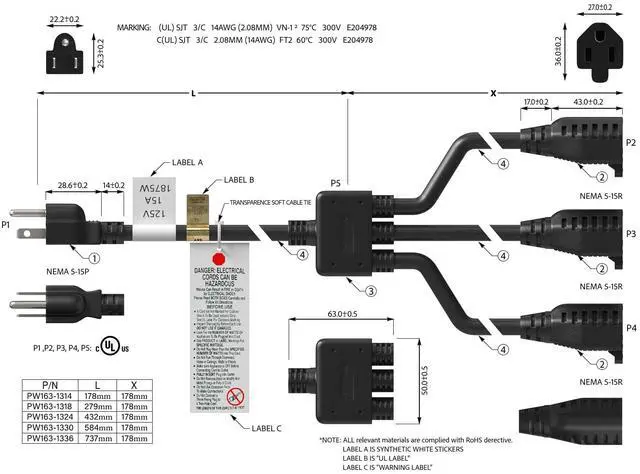 Alt view image 7 of 7 - CableLeader 3 Outlet Power Extension Splitter Cord Cable 5-15P to 5-15R x 3, Power Cord Extension, Heavy Duty Power Extension Cable, 14AWG, 3 Prong Splitter - 1 Pack, 1.1ft
