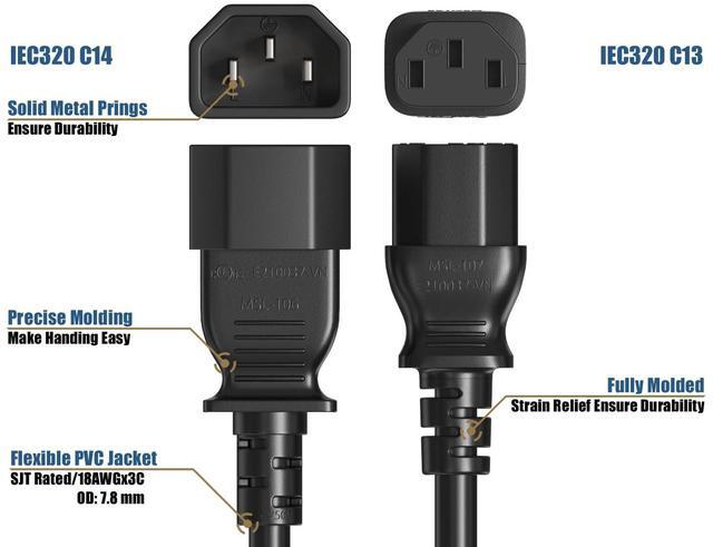 Alt view image 4 of 7 - CableLeader 10ft IEC-320 C13 to C14 Heavy-Duty Power Extension Cord 18 AWG 10A/250V SJT, Computer to PDU CPU Power Extension Cable, PC Power Cable, UL Listed, Black