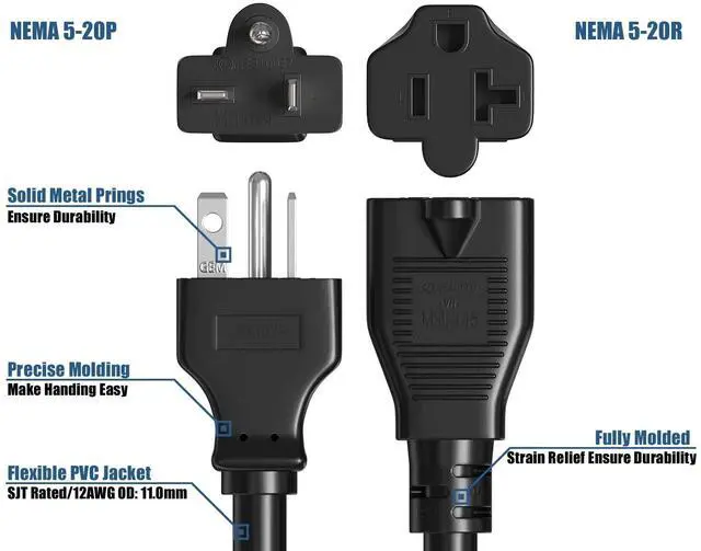 Alt view image 4 of 6 - CableLeader 6ft Heavy-Duty NEMA 5-20P to NEMA 5-20R 12 AWG Extension Power Cord