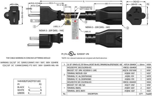 Alt view image 5 of 6 - CableLeader 6ft Heavy-Duty NEMA 5-20P to NEMA 5-20R 12 AWG Extension Power Cord