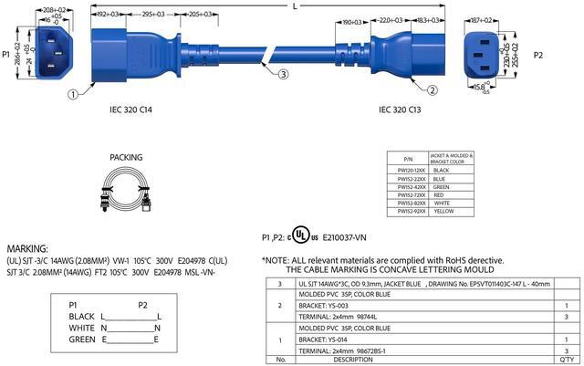 Alt view image 5 of 5 - Cable Leader 14 AWG 2 ft Extension Power Cable IEC320 C13 to IEC320 C14, 15 Amp, 250 Volt, Computer, PDU, UPS, Blue Power extension Power Cord