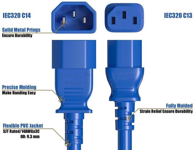Alt view image 4 of 5 - Cable Leader 14 AWG 2 ft Extension Power Cable IEC320 C13 to IEC320 C14, 15 Amp, 250 Volt, Computer, PDU, UPS, Blue Power extension Power Cord