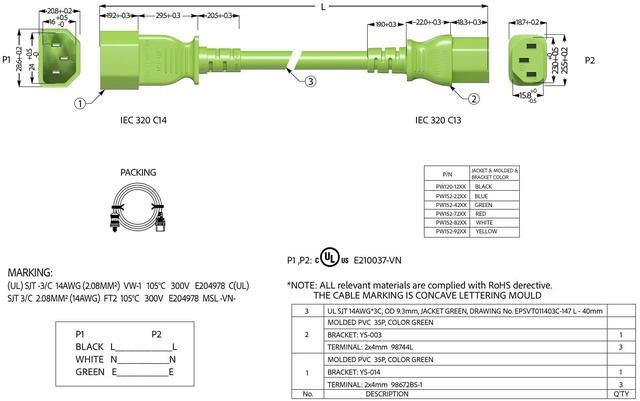Alt view image 5 of 5 - Cable Leader 14 AWG 6 ft Extension Power Cable IEC320 C13 to IEC320 C14, 15 Amp, 250 Volt Green Computer, PDU, UPS, Power extension Power Cord