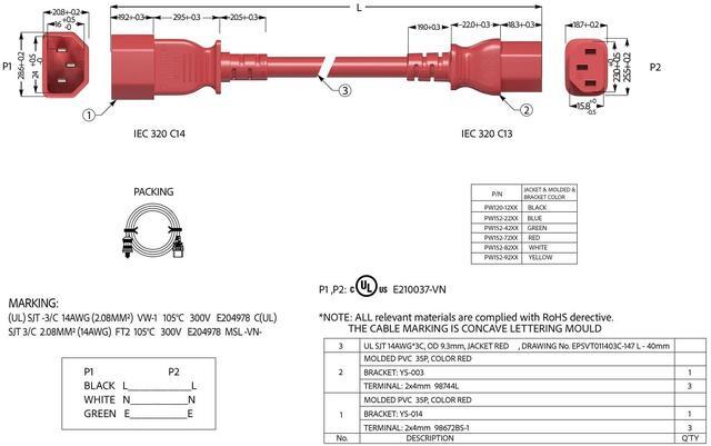 Alt view image 5 of 5 - Cable Leader 14 AWG 6 ft Extension Power Cable IEC320 C13 to IEC320 C14, 15 Amp, 250 Volt, Computer, PDU, UPS, Red Power extension Power Cord