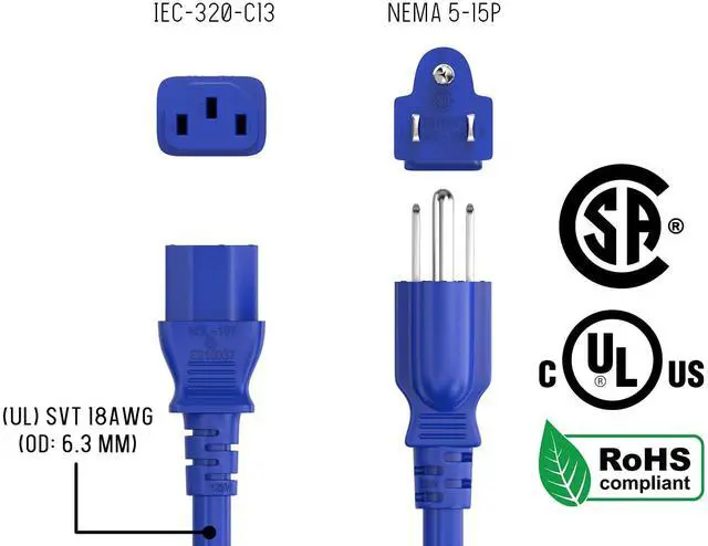 Alt view image 6 of 6 - Cable Leader 3ft 18 AWG Universal Power Cord IEC320 C13 to NEMA 5-15P, Blue