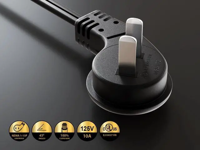 Alt view image 2 of 4 - CableLeader 1ft Ultra Low Profile NEMA 1-15P Angled to C7 Non-Polarized Power Cord 18AWG SPT-2 7A/125V, Black