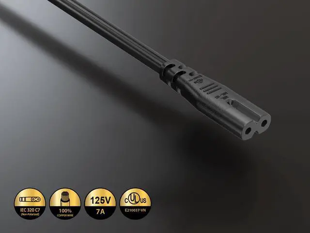 Alt view image 3 of 4 - CableLeader 1ft Ultra Low Profile NEMA 1-15P Angled to C7 Non-Polarized Power Cord 18AWG SPT-2 7A/125V, Black