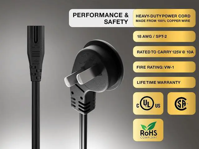 Alt view image 4 of 4 - CableLeader 1ft Ultra Low Profile NEMA 1-15P Angled to C7 Non-Polarized Power Cord 18AWG SPT-2 7A/125V, Black