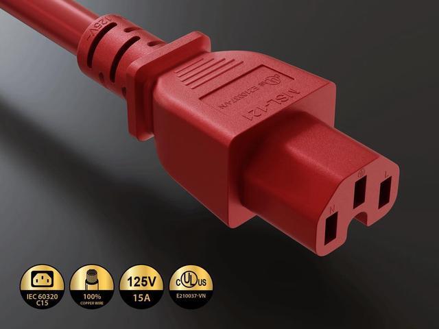 Alt view image 3 of 6 - CableLeader 4ft 14 AWG 15A 125V Power Cord Cable NEMA 5-15P to IEC320 C15, Red, UL Listed