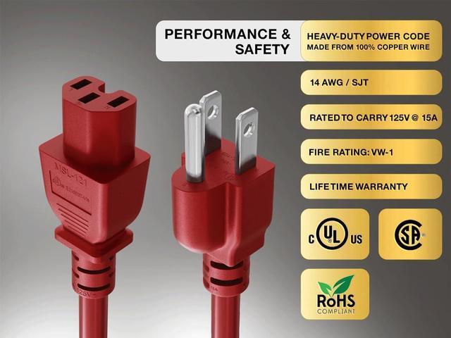Alt view image 4 of 6 - CableLeader 4ft 14 AWG 15A 125V Power Cord Cable NEMA 5-15P to IEC320 C15, Red, UL Listed