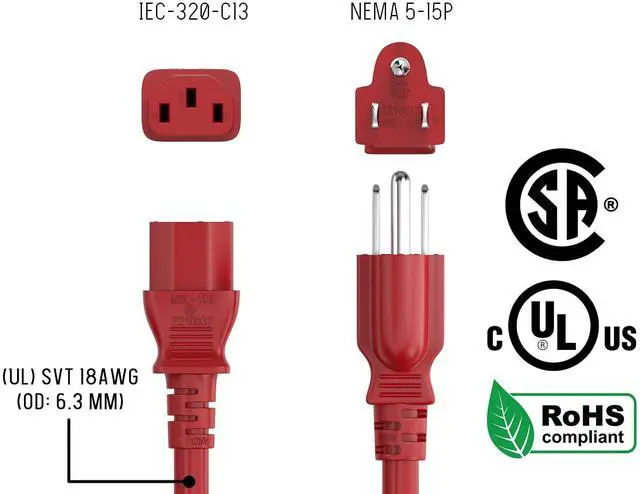 Alt view image 6 of 7 - CableLeader 4ft 18 AWG Universal Power Cord IEC320 C13 to NEMA 5-15P  Extension Power Cord  Compatible with Computers  Monitors  Printers & TVs  Red