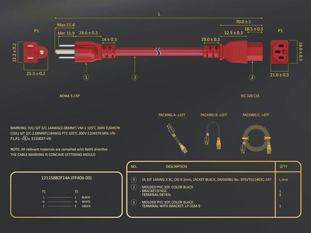 Alt view image 6 of 6 - CableLeader 4ft 14 AWG 15A 125V Power Cord Cable NEMA 5-15P to IEC320 C15, Red, UL Listed