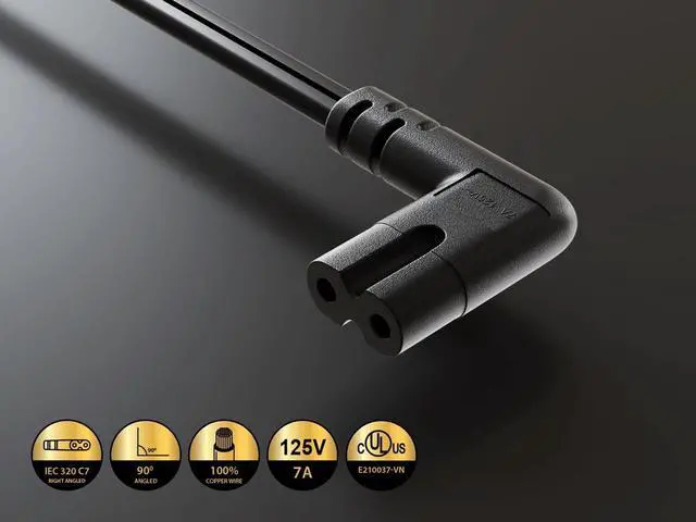 Alt view image 3 of 7 - Cable Leader 10ft Ultra Low Profile NEMA 1-15P Angled to C7 Right-Angled Non-Polarized Power Cord 18AWG SPT-2 7A/125V, Black