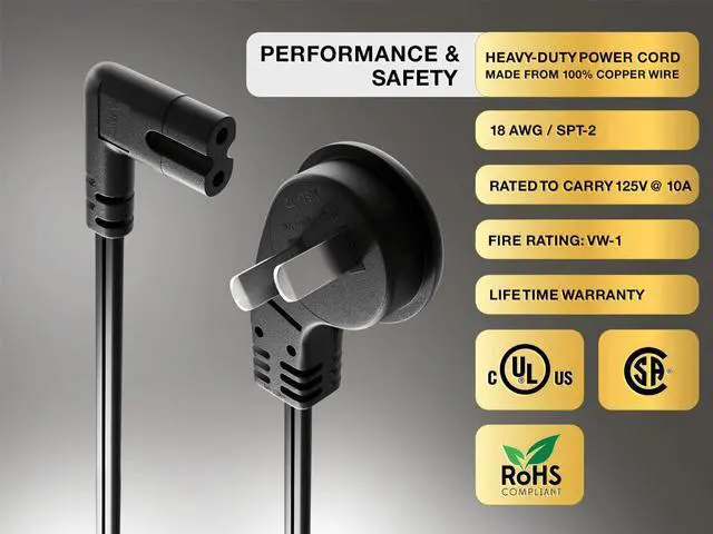 Alt view image 4 of 7 - Cable Leader 10ft Ultra Low Profile NEMA 1-15P Angled to C7 Right-Angled Non-Polarized Power Cord 18AWG SPT-2 7A/125V, Black