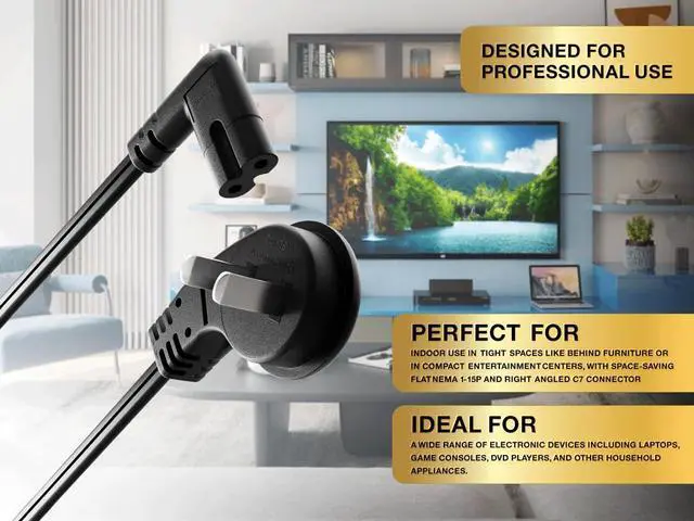 Alt view image 5 of 7 - Cable Leader 10ft Ultra Low Profile NEMA 1-15P Angled to C7 Right-Angled Non-Polarized Power Cord 18AWG SPT-2 7A/125V, Black