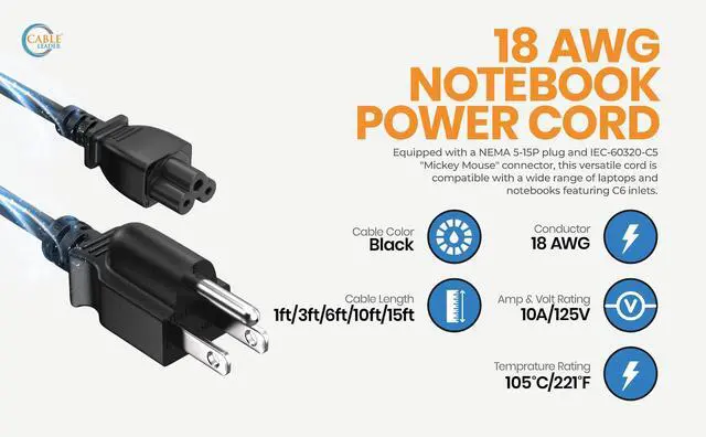 Alt view image 8 of 8 - cable leader 18 awg 3-prong notebook ac power cord (iec320 c5 to nema 5-15p) ul listed (10 foot (1 pack))