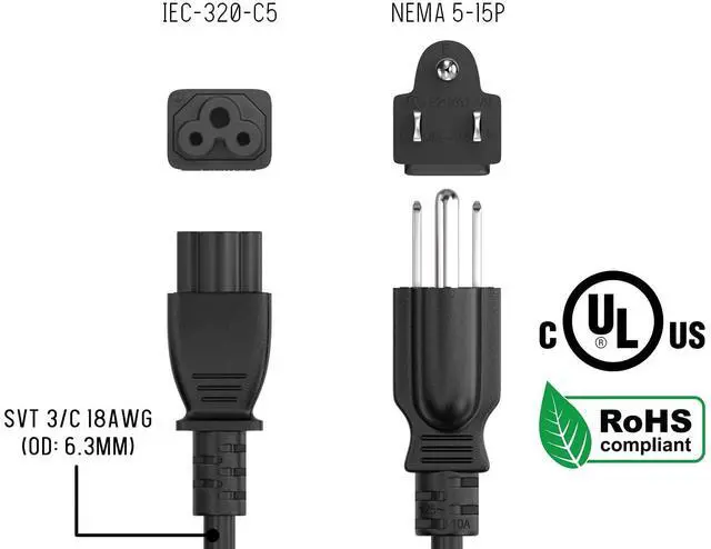 Alt view image 7 of 8 - cable leader 18 awg 3-prong notebook ac power cord (iec320 c5 to nema 5-15p) ul listed (10 foot (1 pack))
