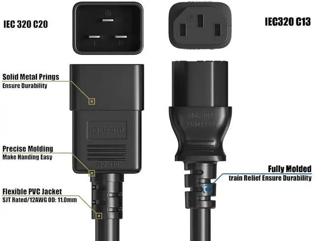 Alt view image 5 of 8 - cable leader 3ft 14 awg 15a 250v power cord (iec320 c20 to iec320 c13), black