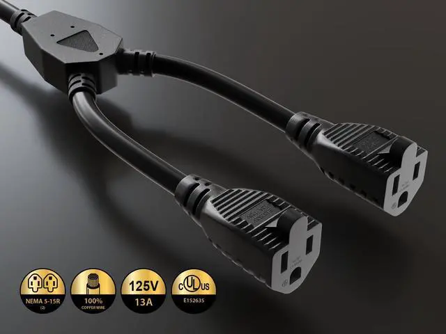 Alt view image 4 of 8 - cable leader 14 inches ultra low profile power extension cord splitter cable 16 awg, 2 nema 5-15r to 1 nema 5-15p