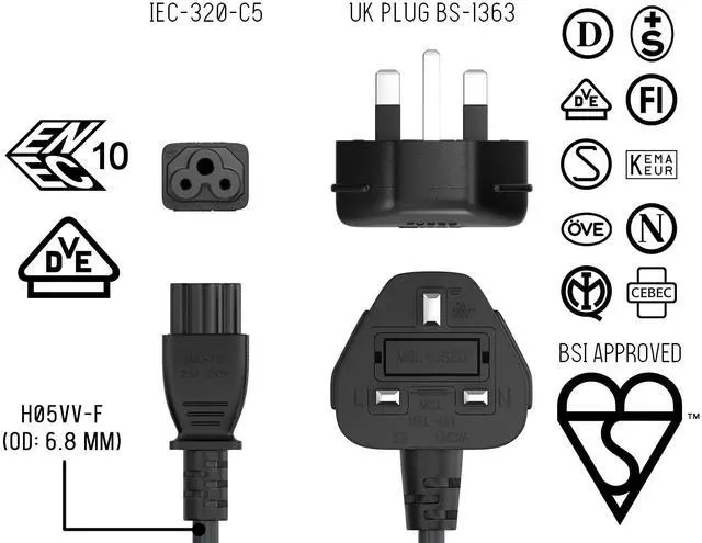 Alt view image 8 of 8 - cable leader 6ft 18 awg england notebook power cord, polarized, with fuse iec320c5 to uk plug bs13631/a