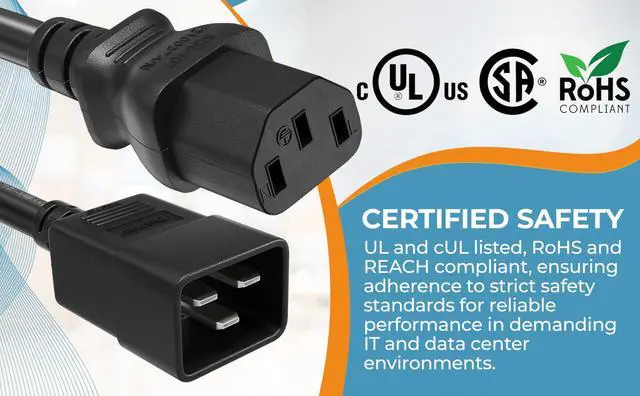 Alt view image 8 of 8 - cable leader 3ft 14 awg 15a 250v power cord (iec320 c20 to iec320 c13), black