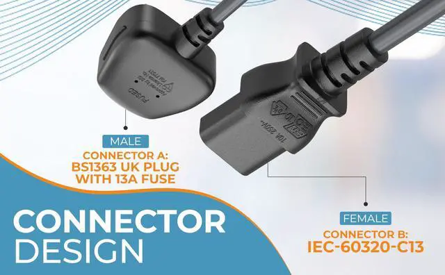 Alt view image 6 of 7 - CableLeader 10ft IEC320 C13 to BS1363 England UK Power Cord with Fuse 18AWG 13A/250V, Heavy-Duty for PCs, Monitors, Scanners, Printers, Britain 3 Prong Type G Plug, Black