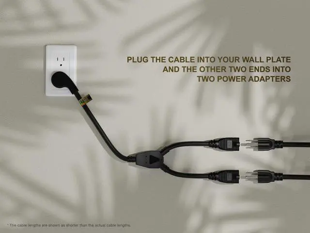 Alt view image 8 of 8 - cable leader 14 inches ultra low profile power extension cord splitter cable 16 awg, 2 nema 5-15r to 1 nema 5-15p