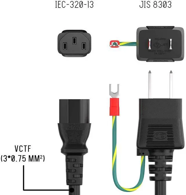 Alt view image 6 of 6 - CableLeader 6ft IEC-320-13 to JIS 8303 Japan Power Cord with Ground, 18AWG, 7A/125V, Black