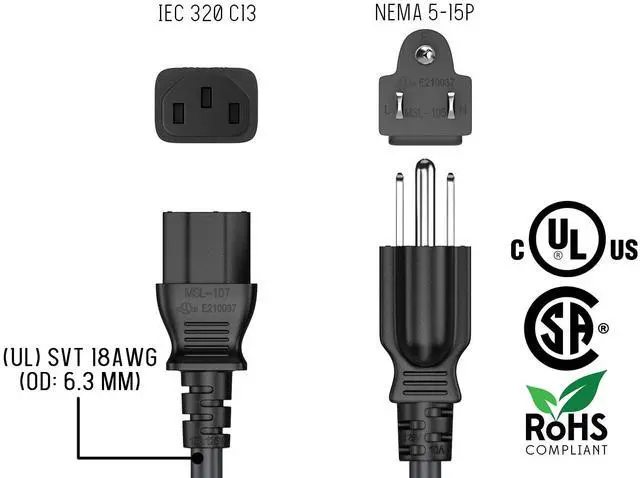 Alt view image 5 of 7 - CableLeader 3ft 16 AWG Universal Power Cord IEC320 C13 to NEMA 5-15P, Extension Power Cord, Compatible with Computers, Monitors, Printers & TVs, Pack of 1